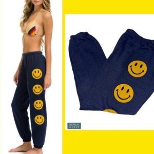 Navy blue aviator nation sweatpants with smiley faces size small